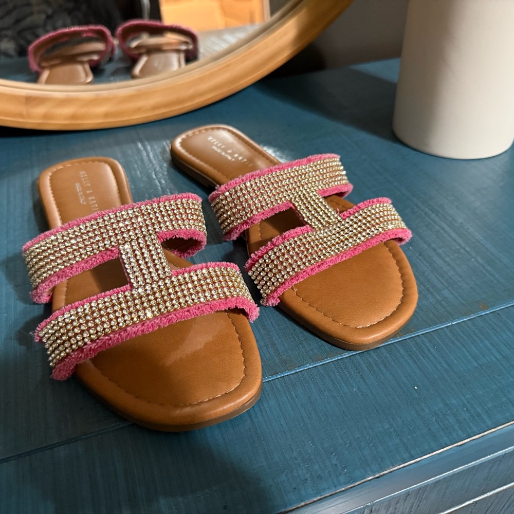 Kelly & Katie Pink and Tan Flats with Rhinestone Straps